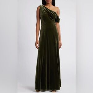 Lulu's Olive Green Coveted Confidence One-Shoulder Velvet Gown